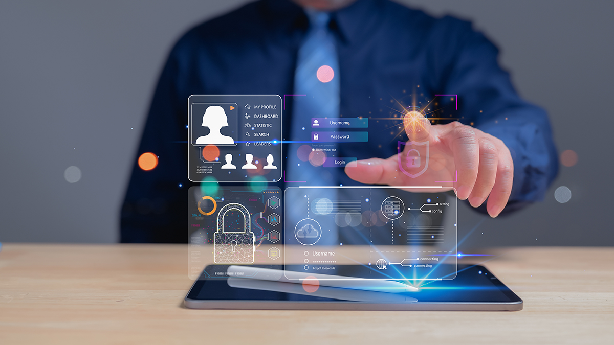 A businessman uses a touchscreen to login, leveraging digital technology
