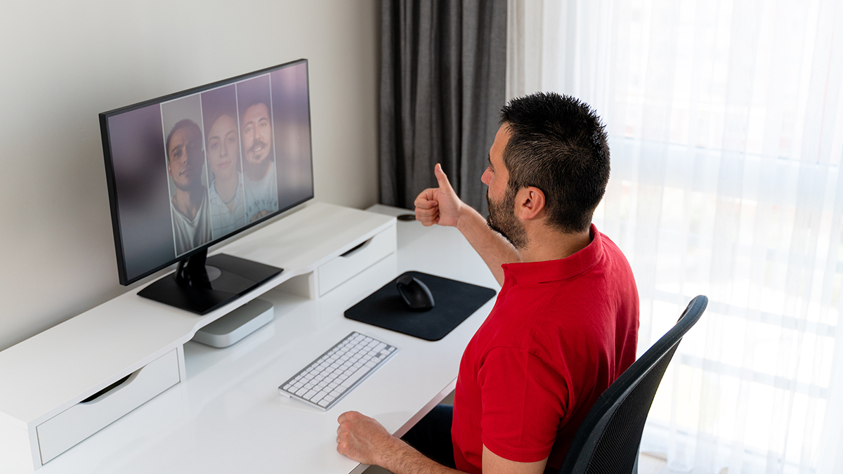 Male business man having online meeting