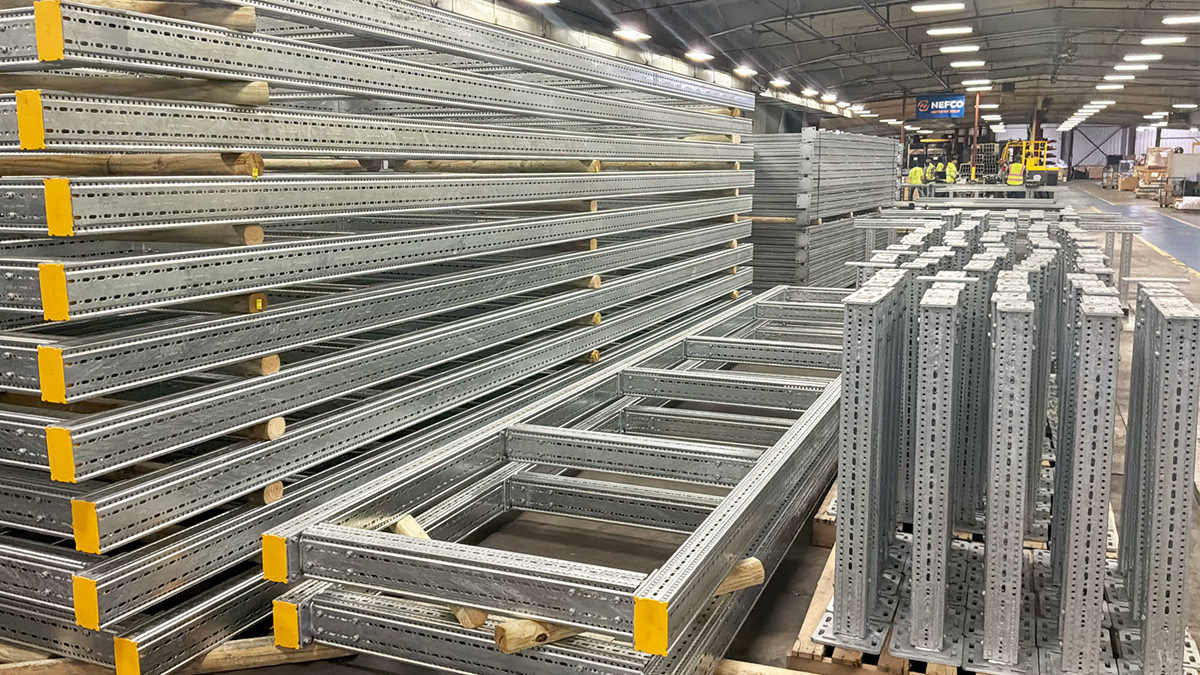 Modular steel framing components in a warehouse