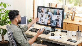 Young adult male gestures while talking