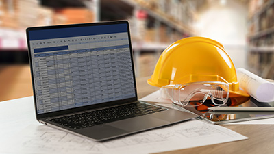 financial_job_costing-400x225 Laptop, hard hat, safety glasses, and construction plans